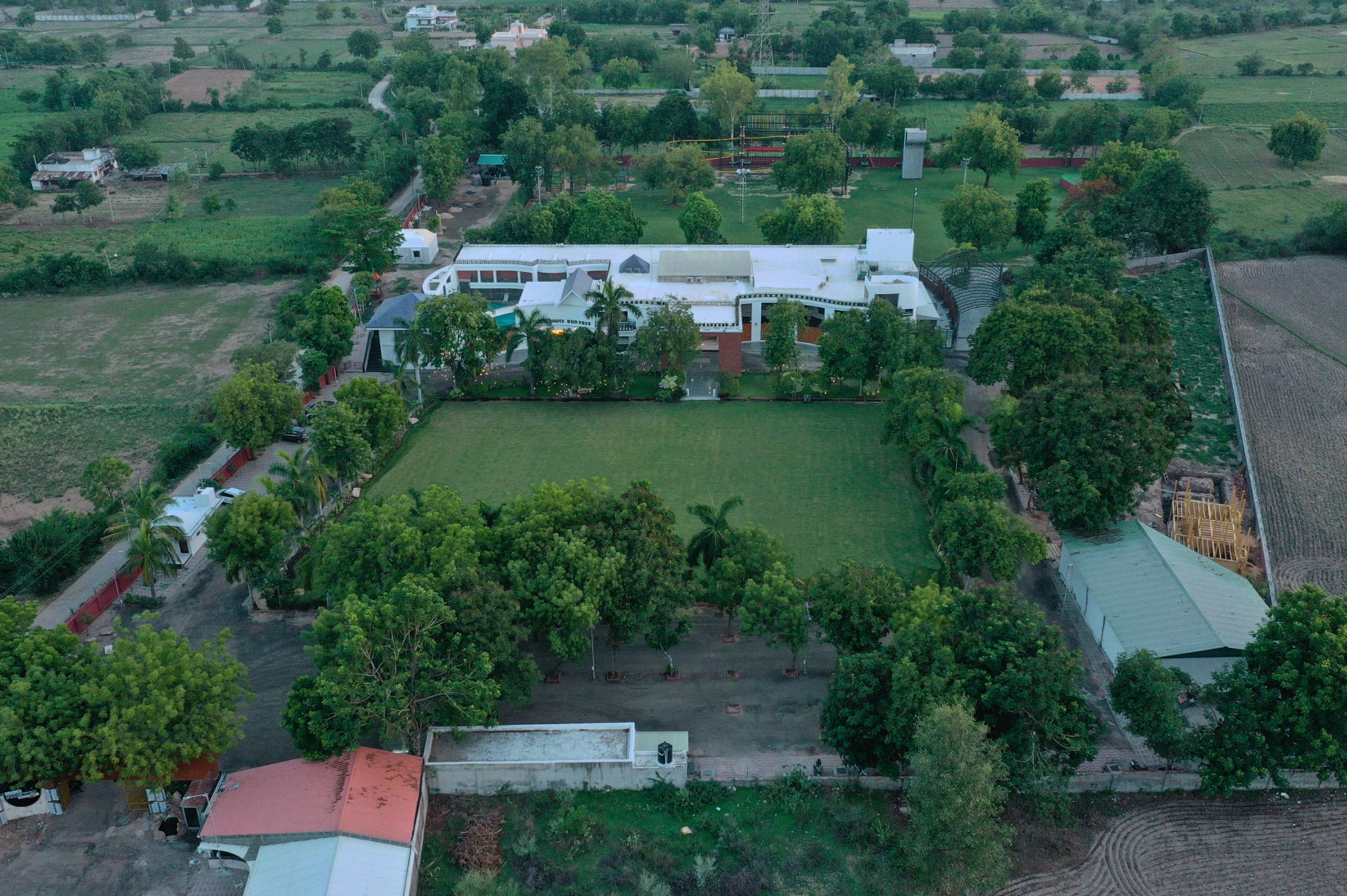 Aerial view of Roadies Rostel ARC Resort, a lush one day picnic resort near Ahmedabad