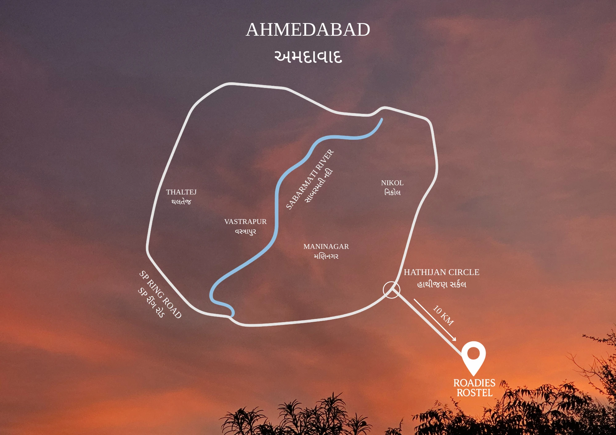 Location map of Roadies Rostel ARC Resort in Ahmedabad