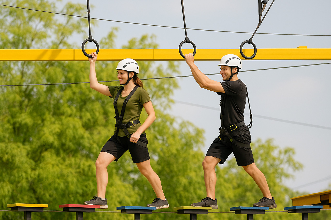 Bride and groom enjoying the adventure park at Roadies Rostel ARC Resort, adding fun and memorable experiences to their celebration.