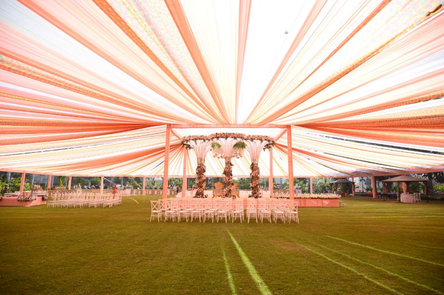 Aangan lawn decorated for an outdoor wedding at Roadies Rostel ARC Resort, perfect for open-air celebrations near Ahmedabad.