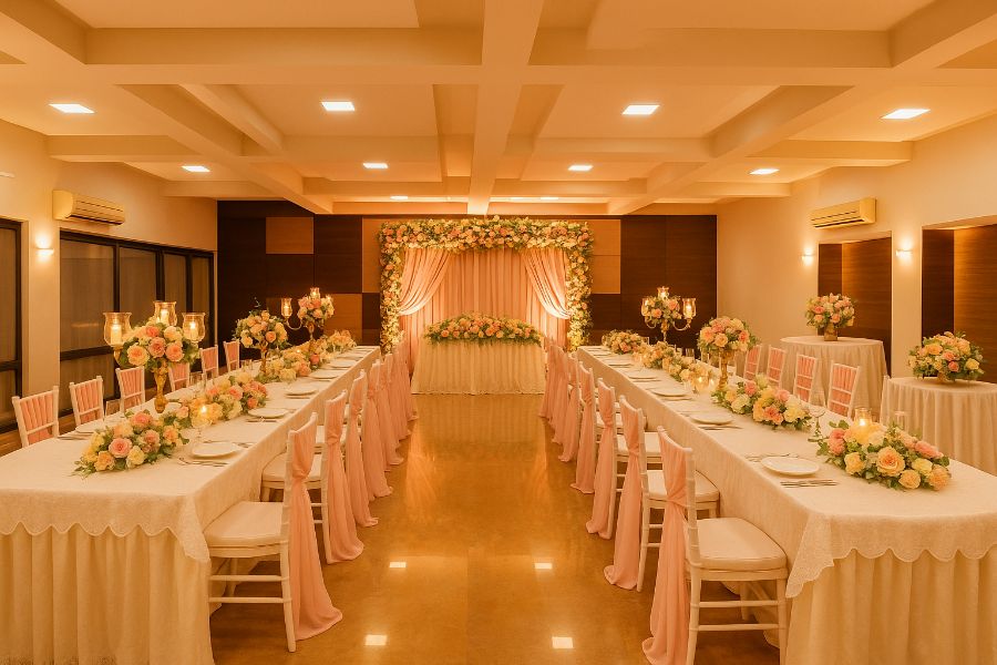 ARC Room banquet hall fully decorated for an indoor wedding event at one of the best wedding resorts near Ahmedabad.