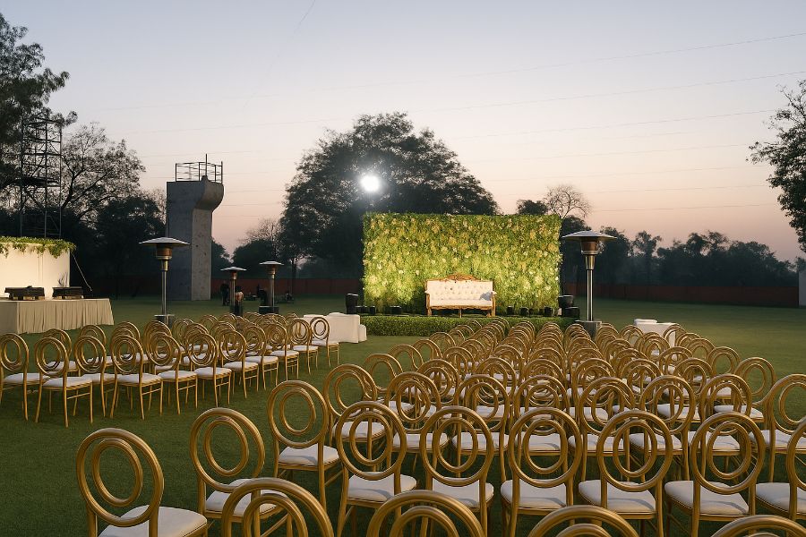Utsav lawn wedding setup with elegant drapes and florals at Roadies Rostel Resort, ideal for large outdoor functions near Ahmedabad.